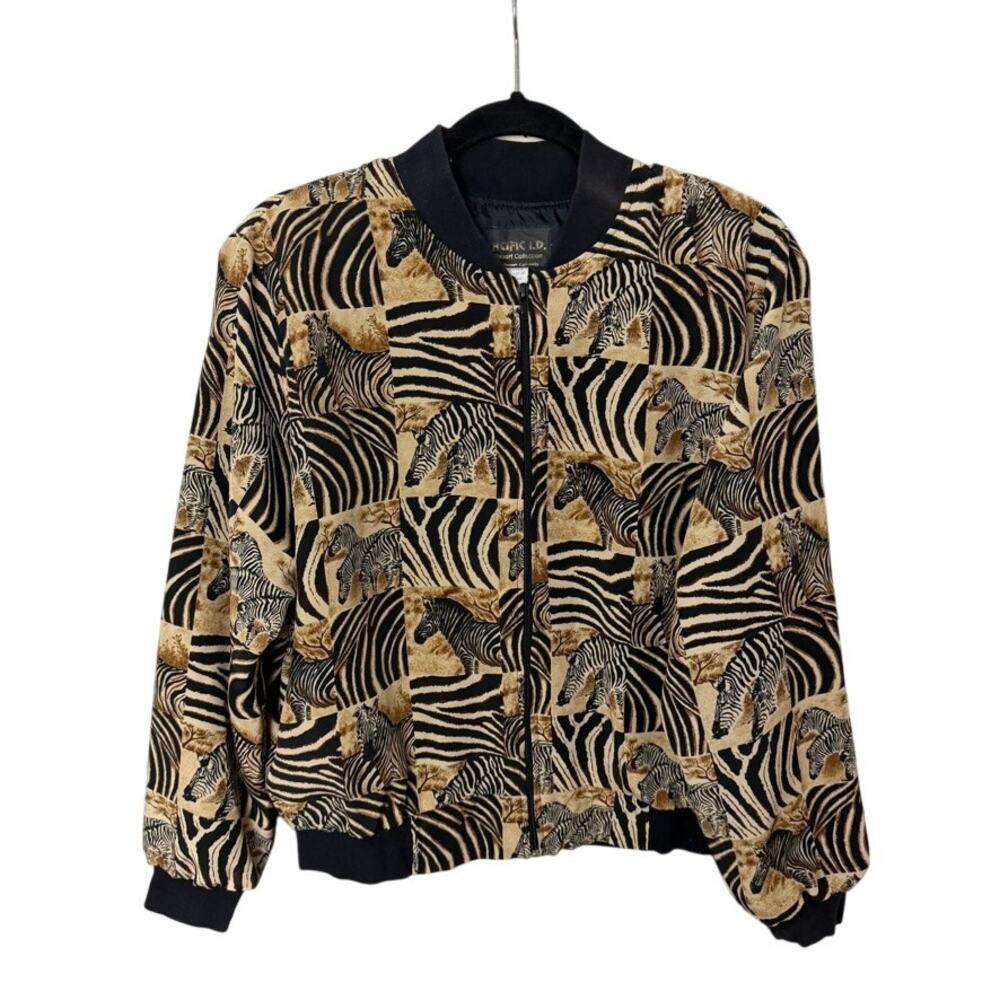 Vintage Pacific I.D. Bomber Jacket All Over Zebra Print Size Petite Small 1990s